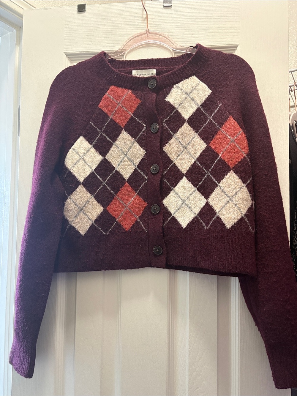 Burgundy Argyle Button-Up Cardigan